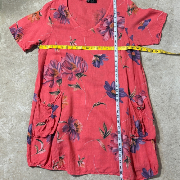 Bella Amore Linen Dress Women’s Medium Orange Red Purple Pockets Floral V-Neck - Picture 8 of 13